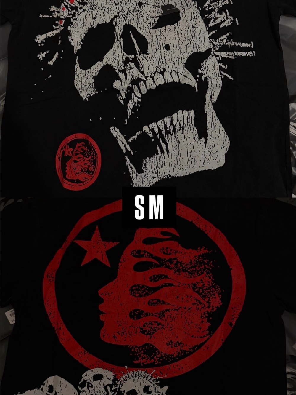 Men's Black Short-Sleeve Graphic Skull Tee with Red Emblem - Small